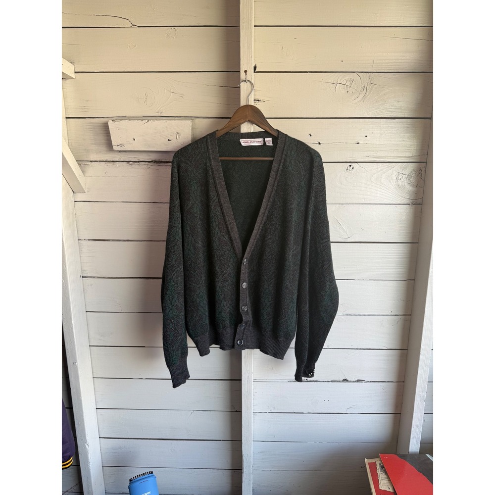 John Ashford Vintage Wool Blend Cardigan Sweater XL Made in Italy Gray Green